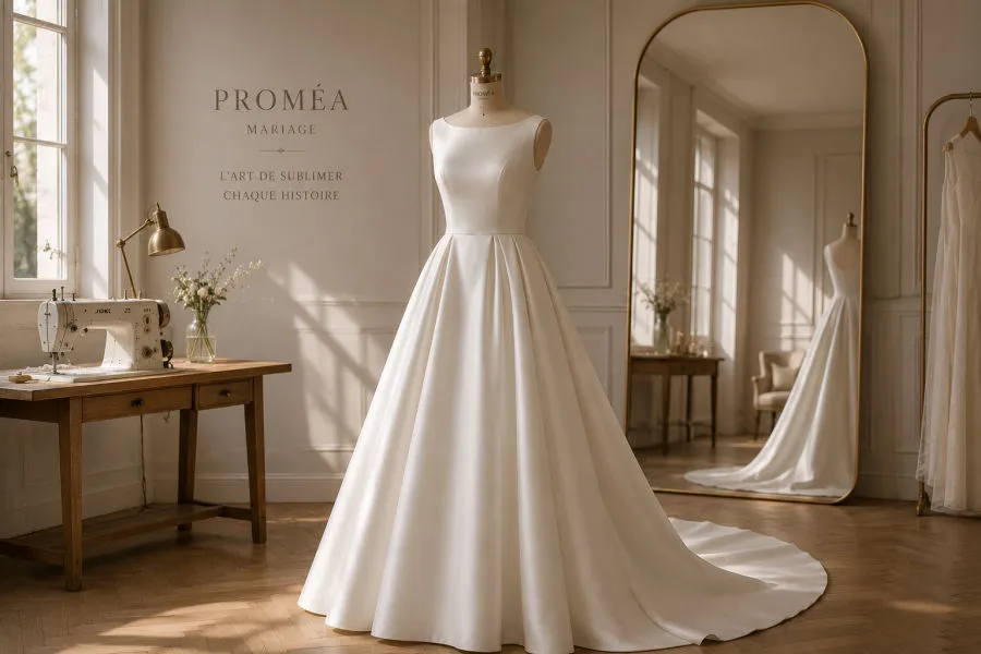 Modèle de robe de mariée trapèze en satin, atelier PROMÉA