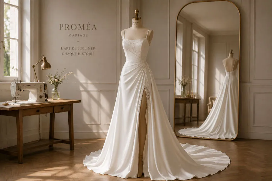 Modèle de robe de mariée fendue en satin, atelier PROMÉA