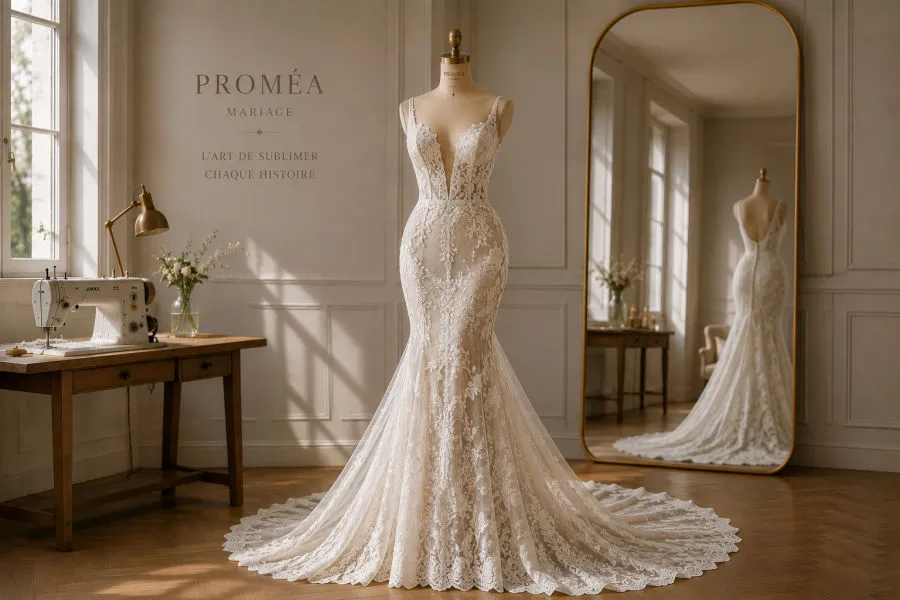 Modèle de robe de mariée sirène en dentelle, atelier PROMÉA