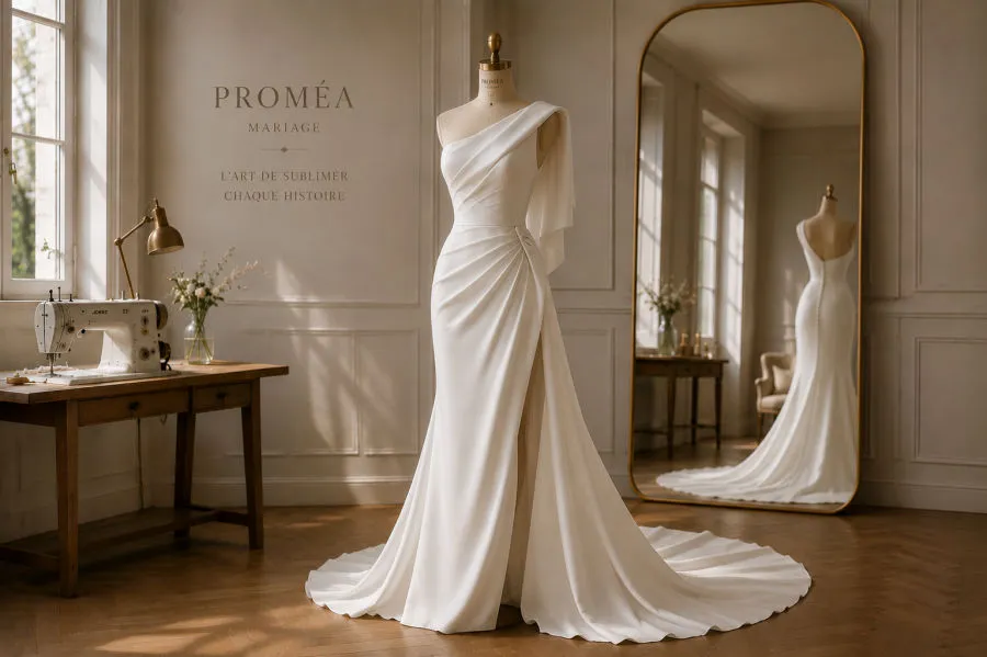 Modèle de robe de mariée asymétrique fendue, atelier PROMÉA