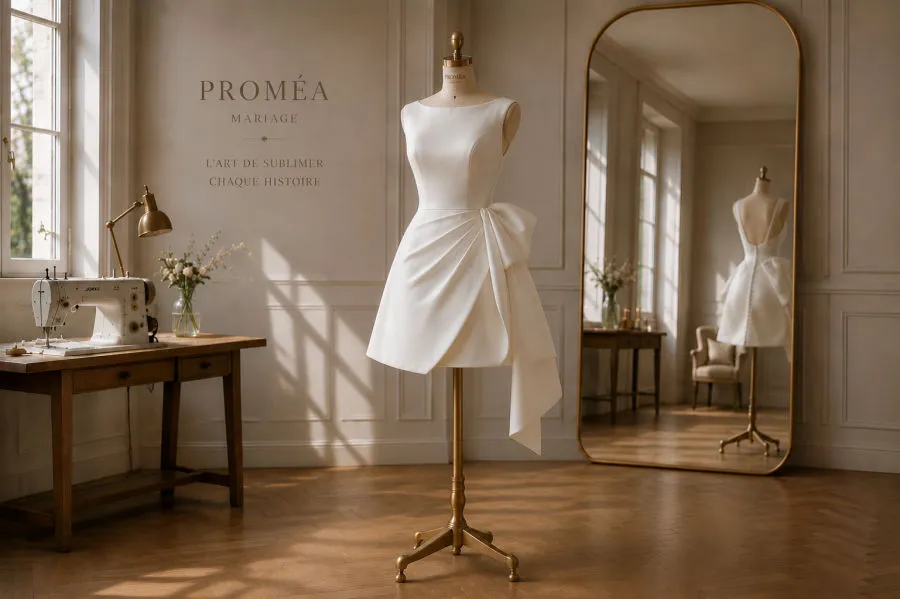 Modèle de robe de mariée courte, atelier PROMÉA