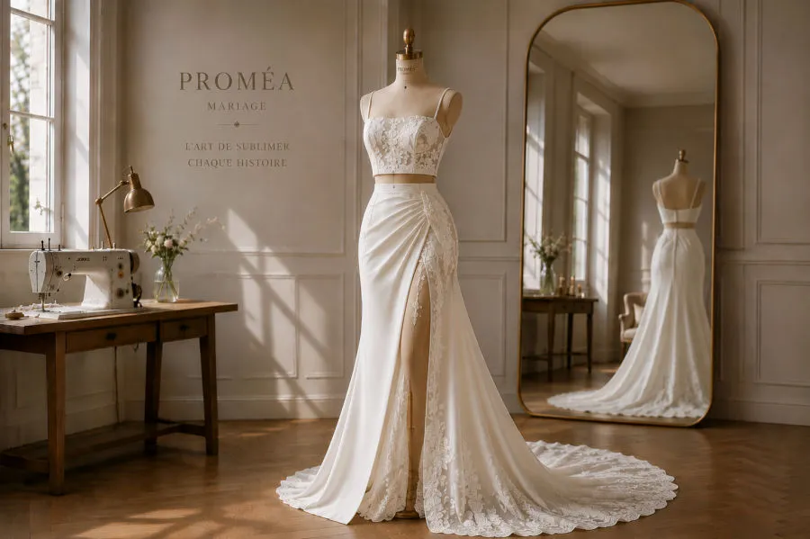 Modèle de robe de mariée deux-pièces en dentelle, atelier PROMÉA