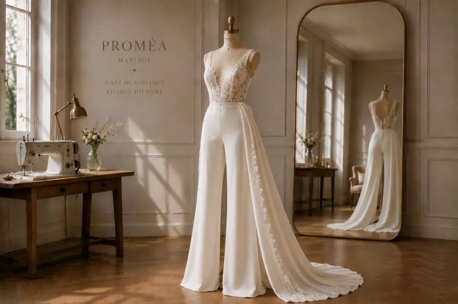 Modèle de combinaison-pantalon de mariée avec traîne, atelier PROMÉA