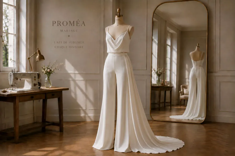 Modèle de combinaison de mariée drapée avec traîne, atelier PROMÉA