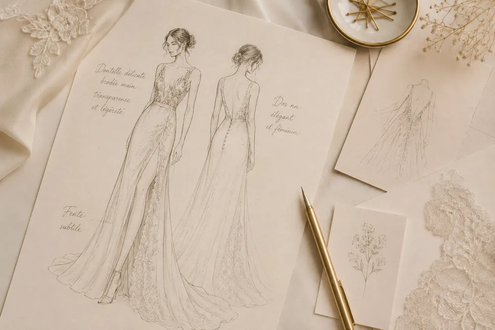 Croquis de robe de mariée sur une table d'atelier PROMÉA, avec dentelle et stylo doré