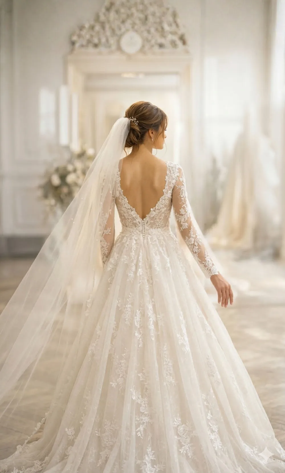 Robe de mariée au dos en V profond, voile et traîne