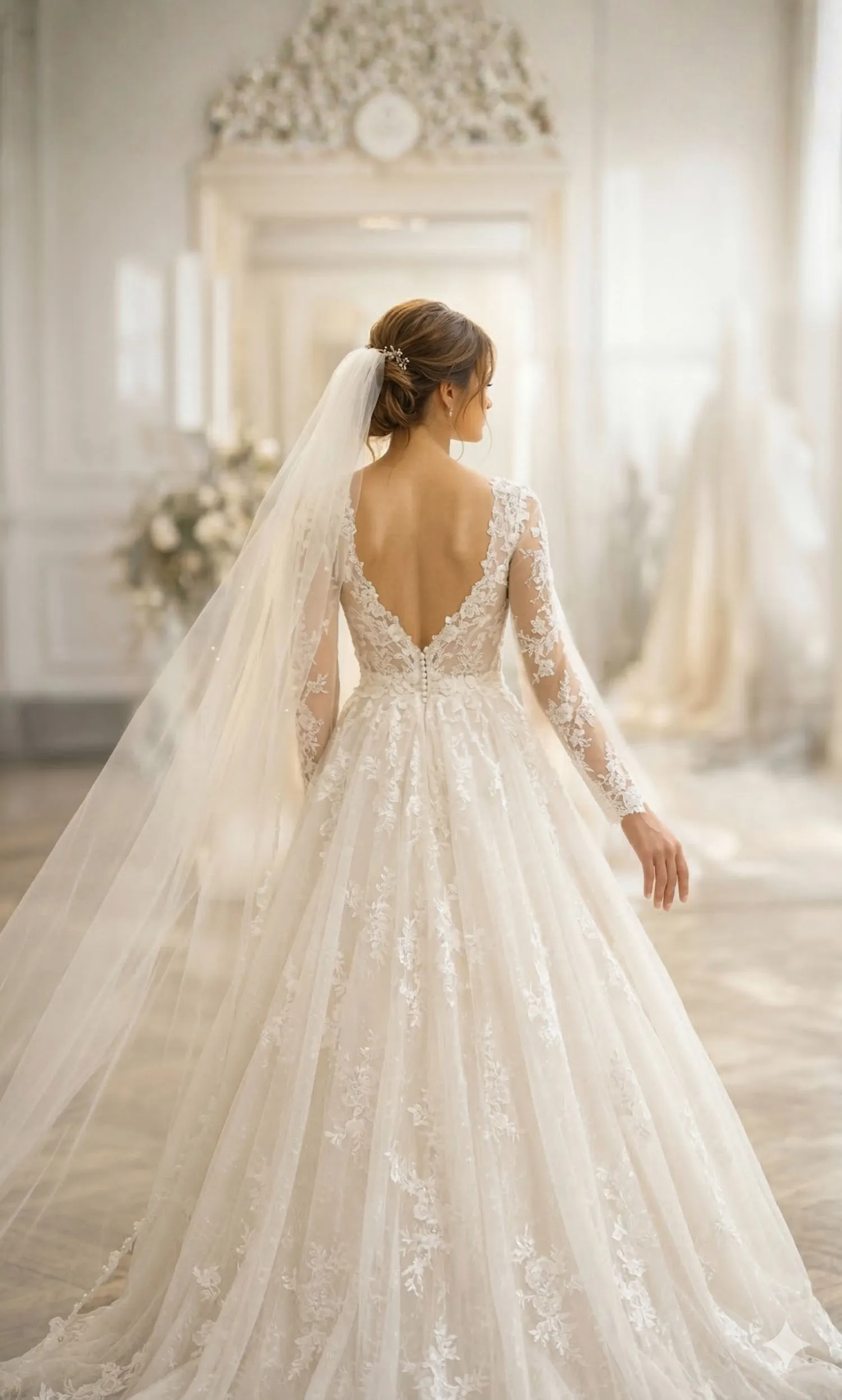 Mariée de dos portant une robe de mariée PROMÉA en dentelle, avec voile et traîne, dans un intérieur clair et raffiné