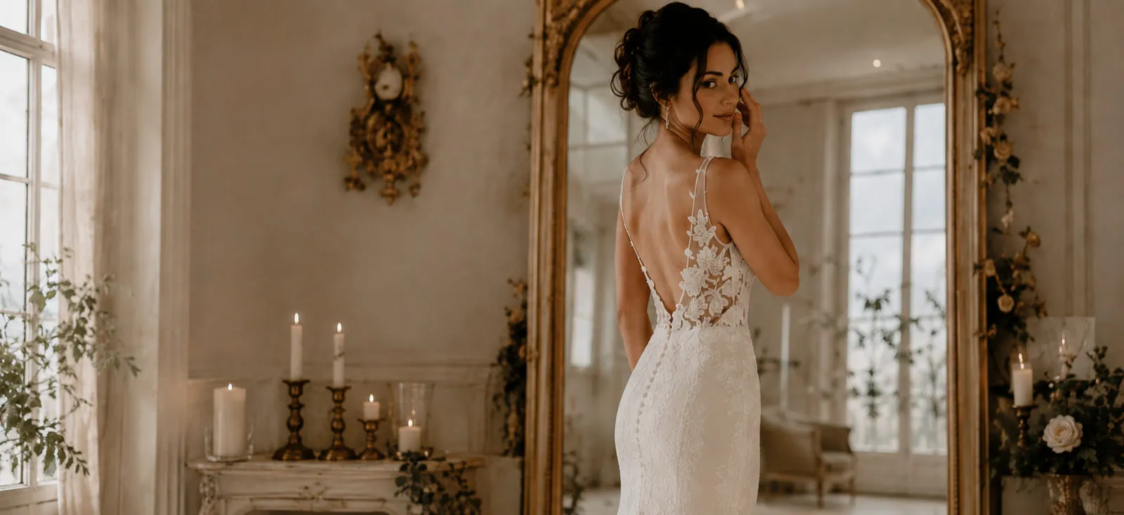 Mariée de dos se retournant devant un grand miroir doré, robe en dentelle, salon orné aux bougies